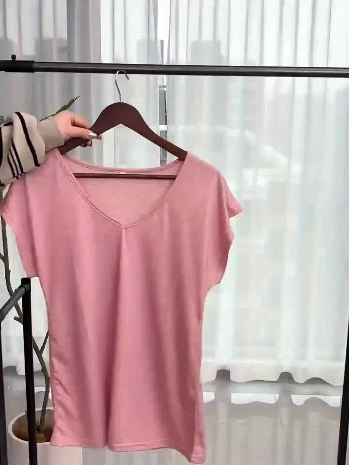 Bottom Board - 5 Solid Color V-Neck T-Shirts, Casual Short-Sleeved T-Shirts Spring And Summer, Women'S Clothing