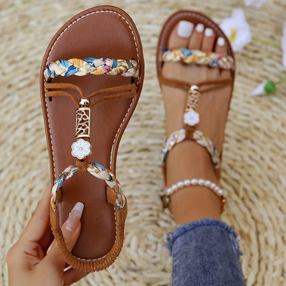 Women's Lightweight Braided Sandals with Elastic Strap and Non-Slip Sole