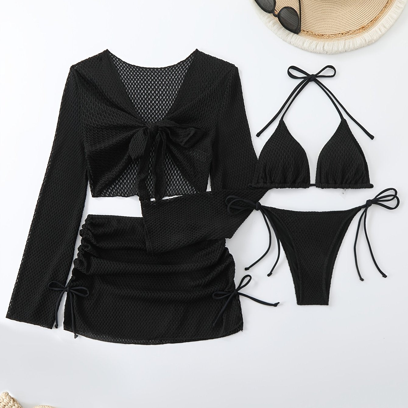 Lauvoco Women's 4-Piece Swimwear Set with Off-Shoulder Cover-Up and Mesh Skirt