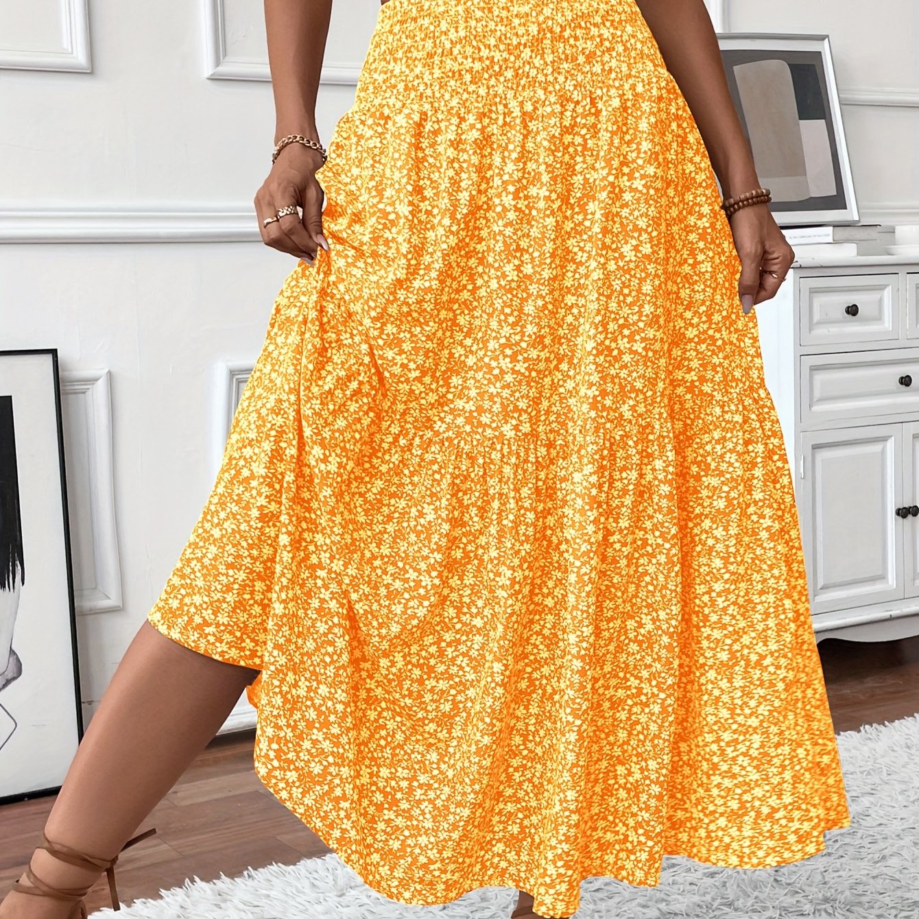 DP021742 Women's Casual Ditsy Floral Elastic Waist Pocket Skirt
