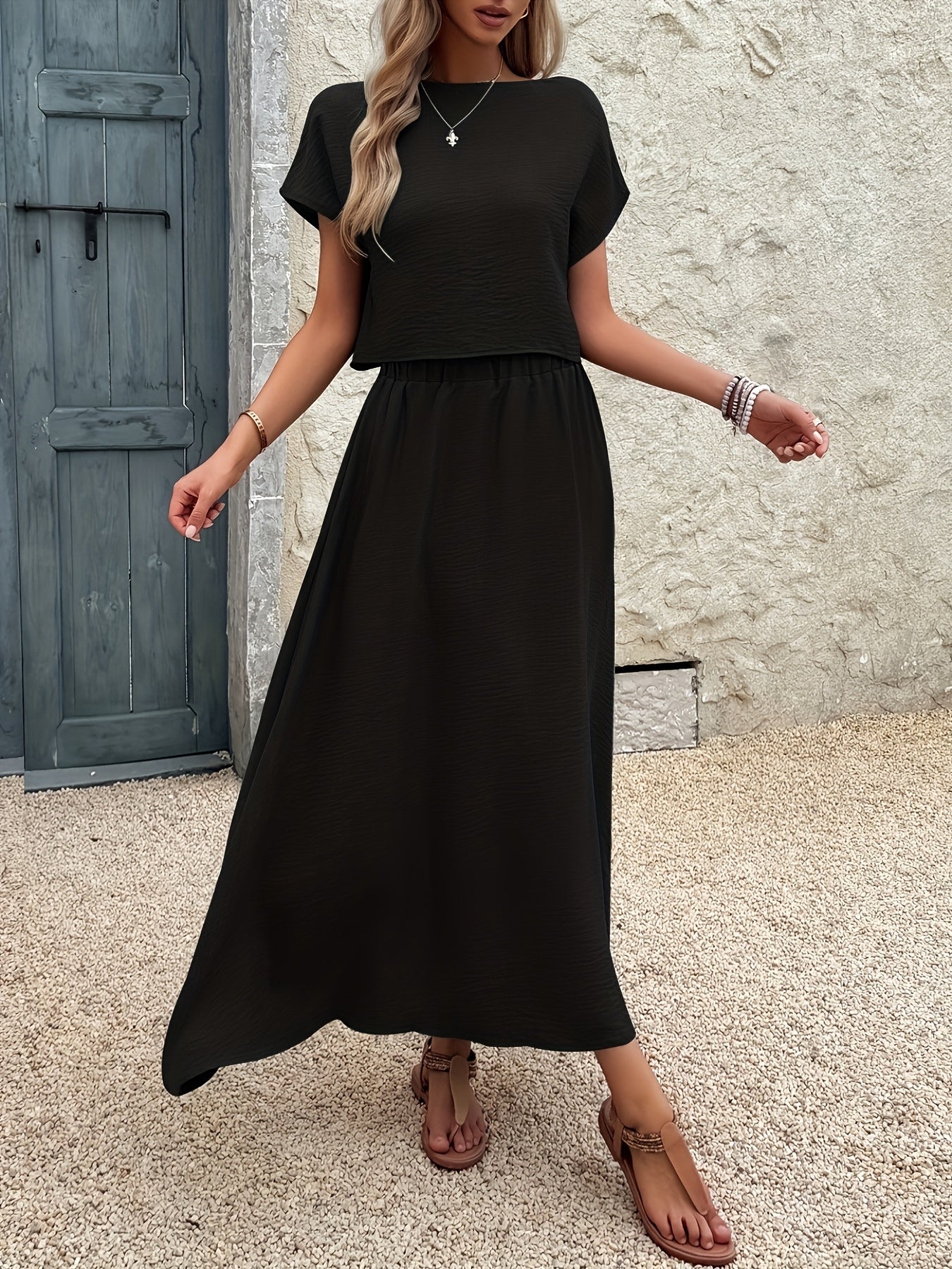 2pcs Women'S Solid Color Short Sleeve Top and Casual A-Line Skirt Set, Crew Neck, Polyester, Spring/Summer Collection
