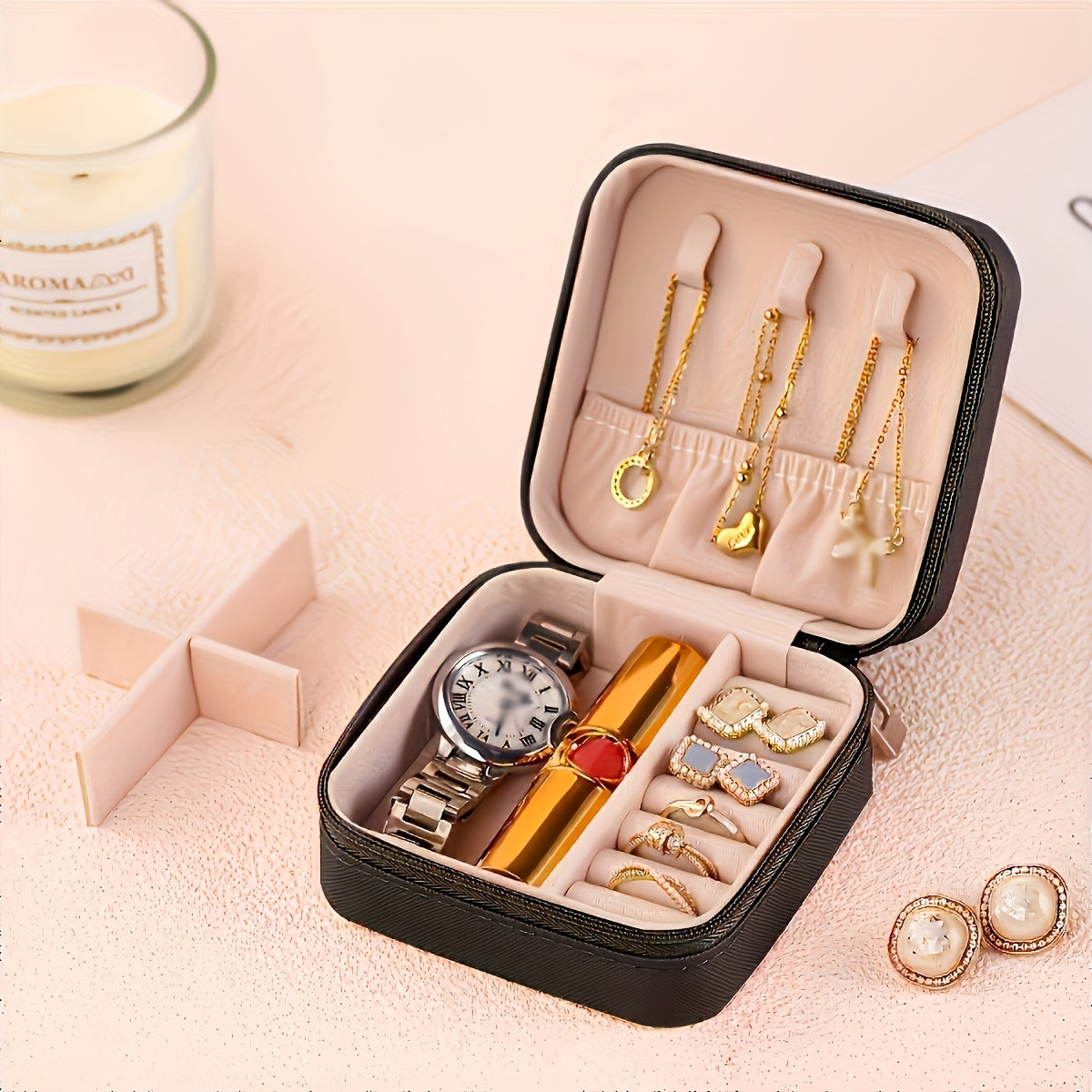 Luxurious Faux Leather Jewelry Organizer Box with Zipper and Multiple Compartments