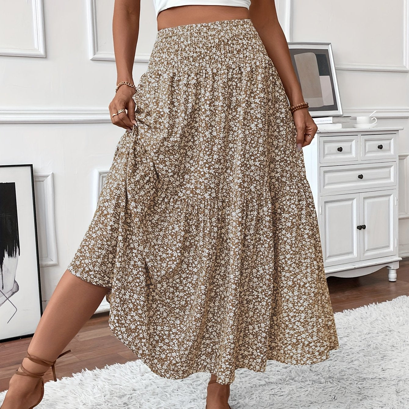DP021742 Women's Casual Ditsy Floral Elastic Waist Pocket Skirt