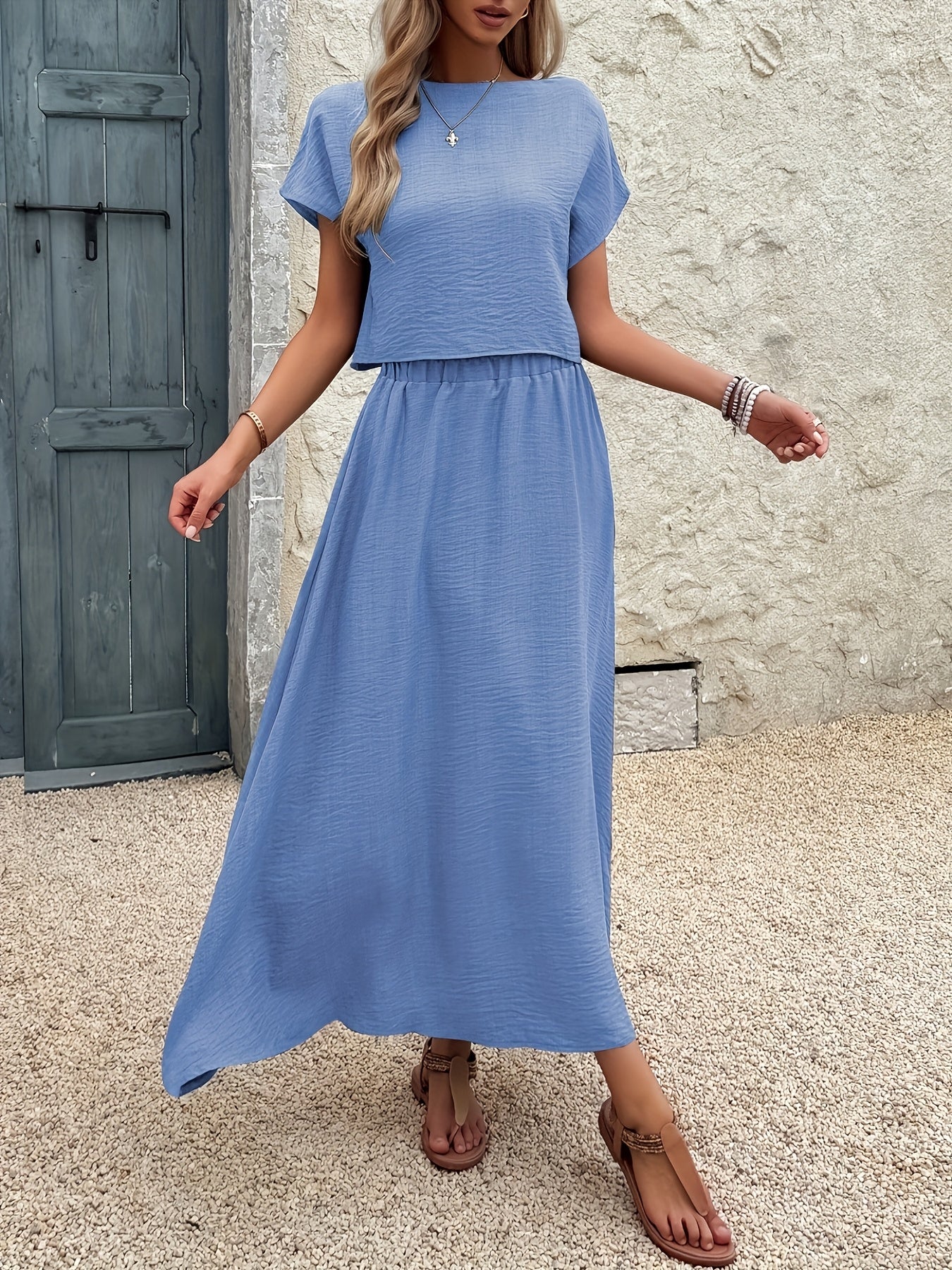 2pcs Women'S Solid Color Short Sleeve Top and Casual A-Line Skirt Set, Crew Neck, Polyester, Spring/Summer Collection