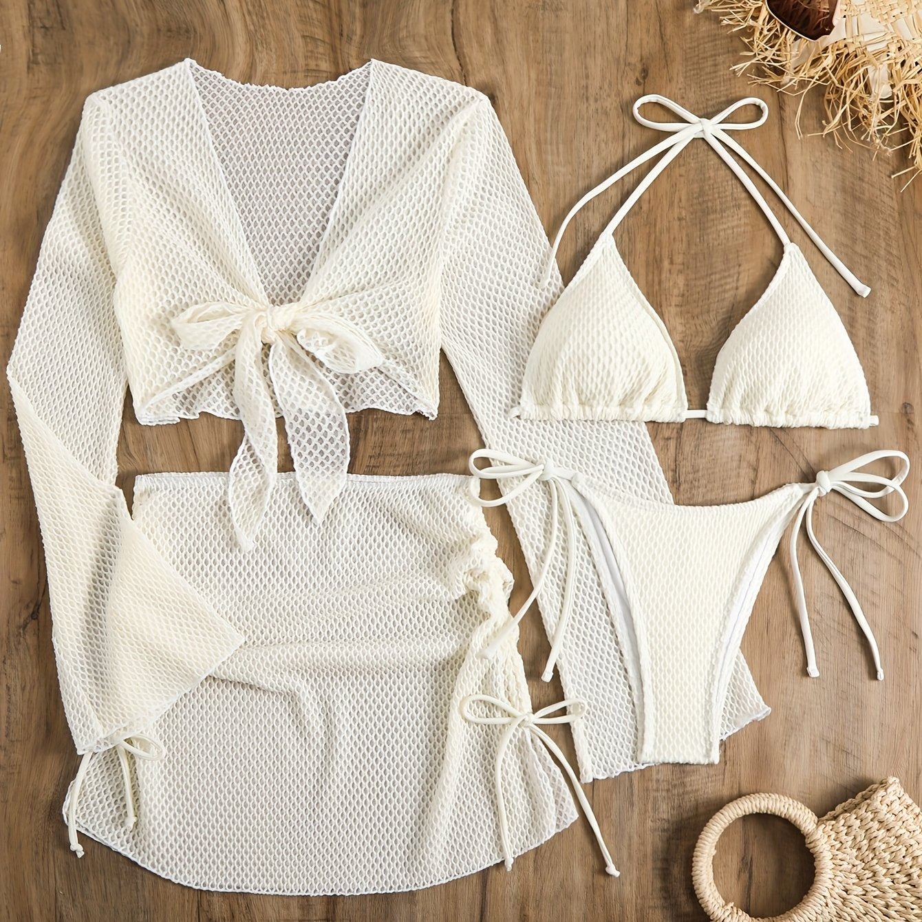 Lauvoco Women's 4-Piece Swimwear Set with Off-Shoulder Cover-Up and Mesh Skirt