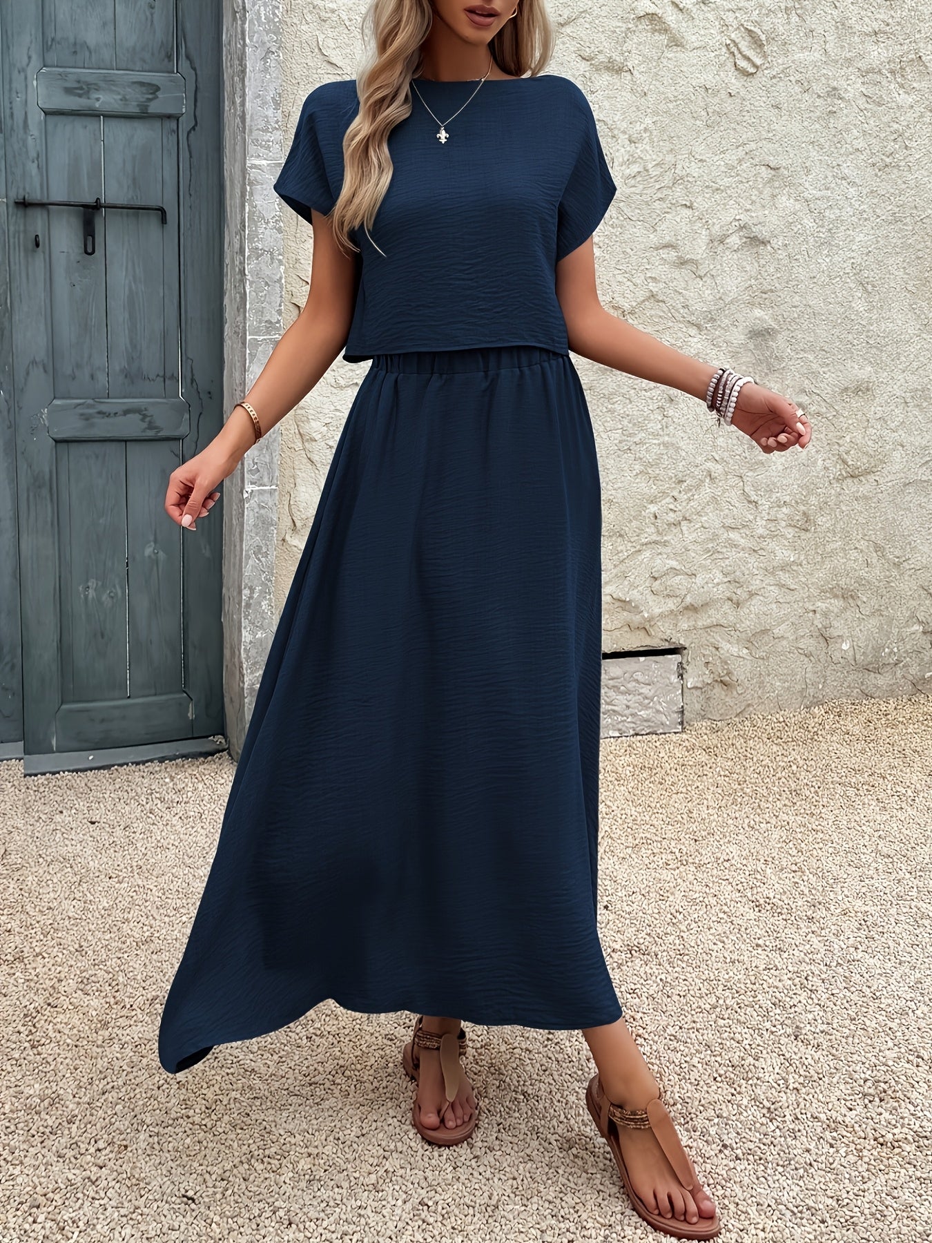 2pcs Women'S Solid Color Short Sleeve Top and Casual A-Line Skirt Set, Crew Neck, Polyester, Spring/Summer Collection