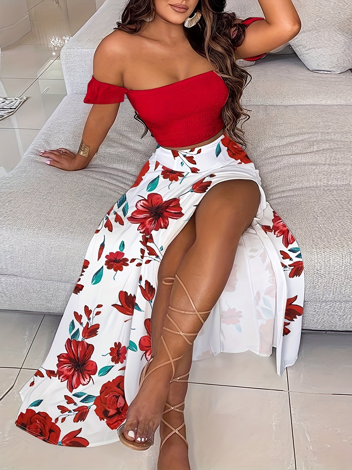 Bohemian Women's Tube Top and Midi Skirt Set
