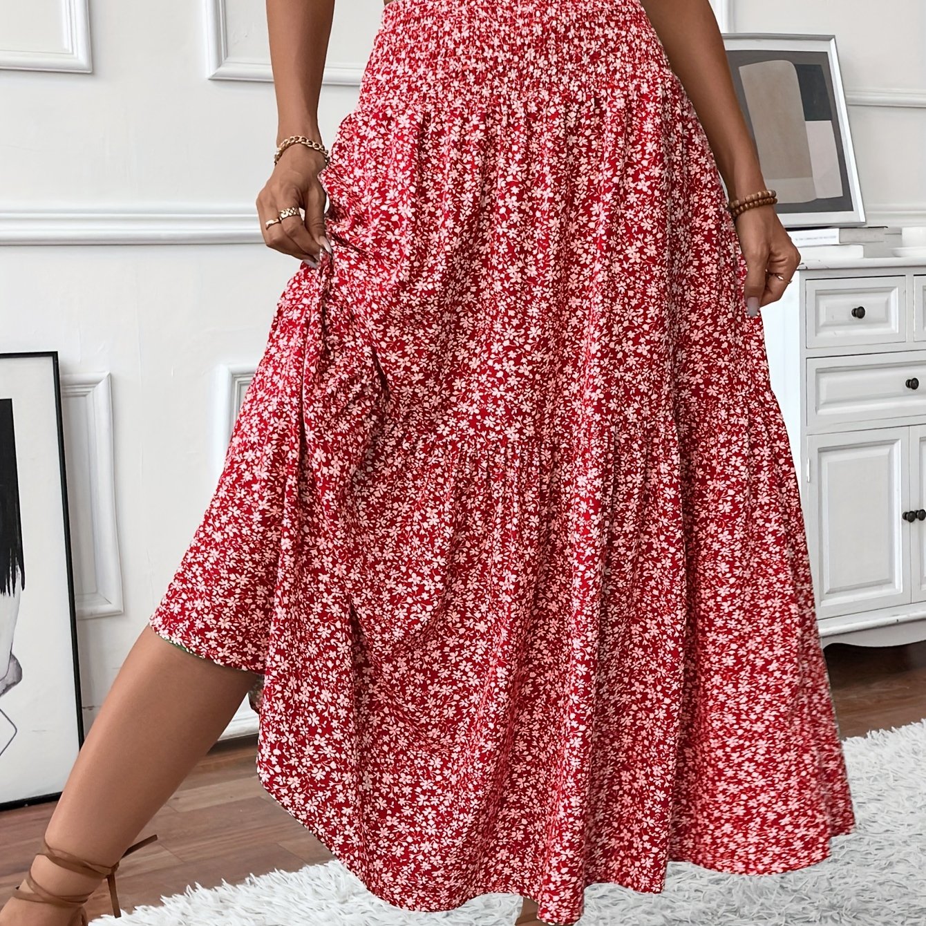 DP021742 Women's Casual Ditsy Floral Elastic Waist Pocket Skirt