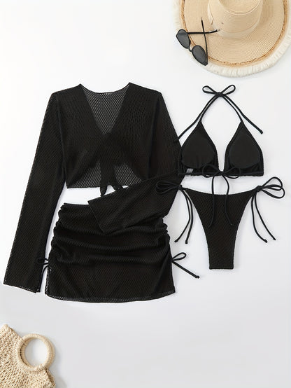 Lauvoco Women's 4-Piece Swimwear Set with Off-Shoulder Cover-Up and Mesh Skirt