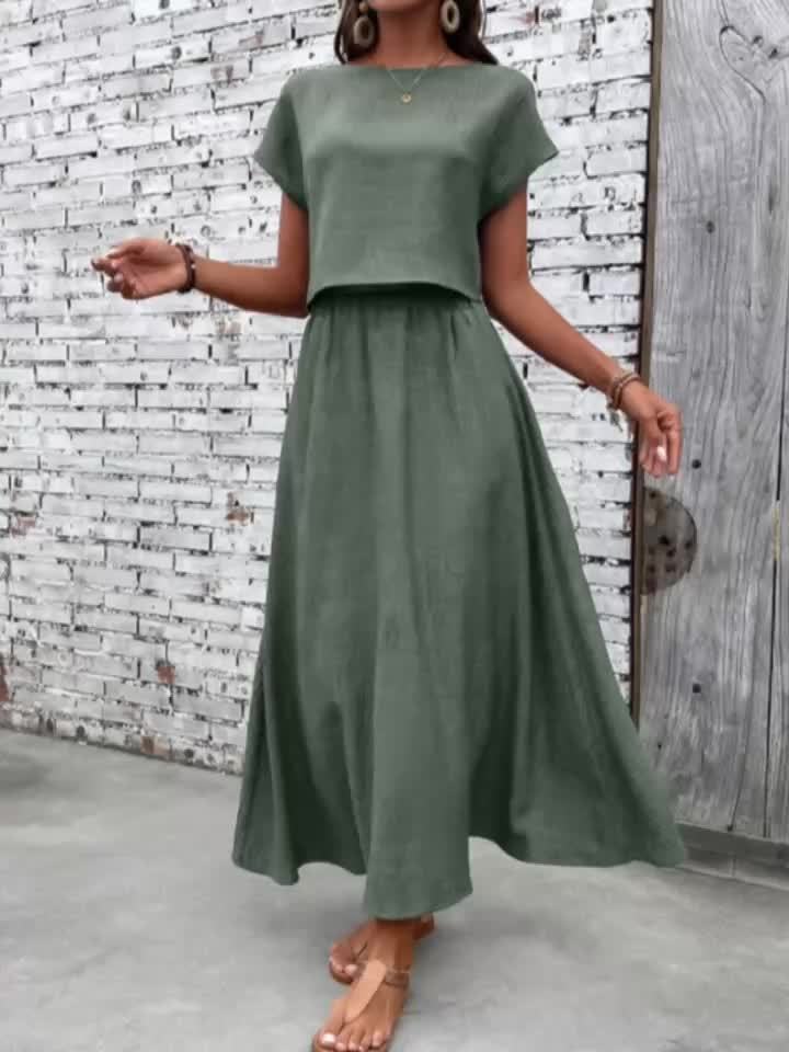 2pcs Women'S Solid Color Short Sleeve Top and Casual A-Line Skirt Set, Crew Neck, Polyester, Spring/Summer Collection