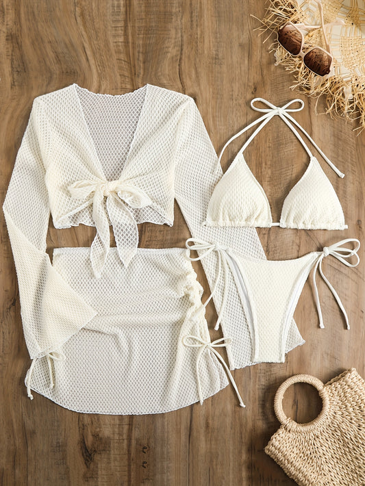Lauvoco Women's 4-Piece Swimwear Set with Off-Shoulder Cover-Up and Mesh Skirt