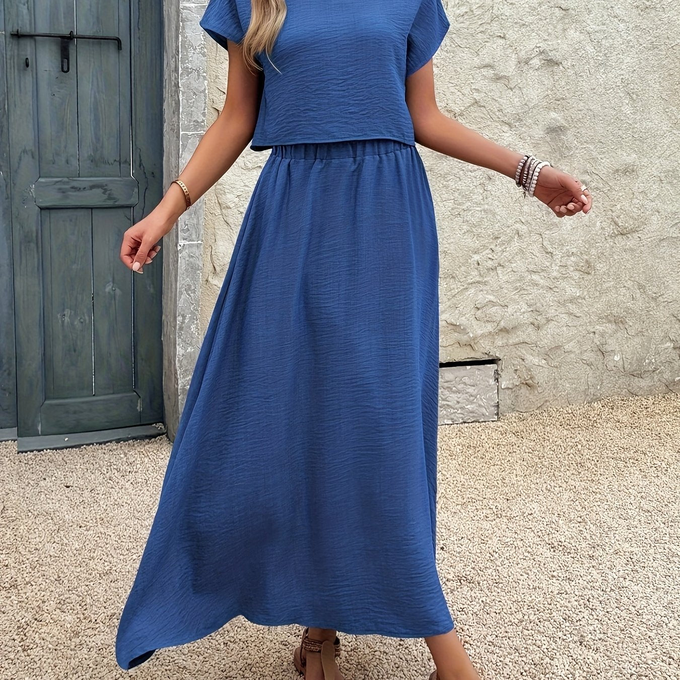 2pcs Women'S Solid Color Short Sleeve Top and Casual A-Line Skirt Set, Crew Neck, Polyester, Spring/Summer Collection