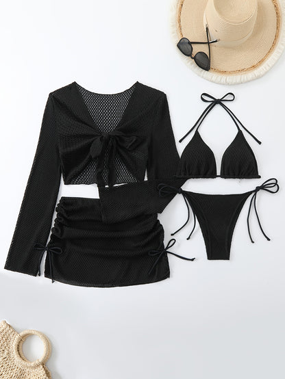 Lauvoco Women's 4-Piece Swimwear Set with Off-Shoulder Cover-Up and Mesh Skirt