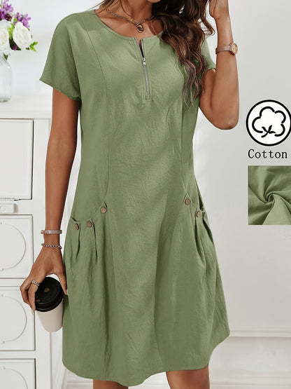 Women's Casual Midi Dress with Zipper and Pockets