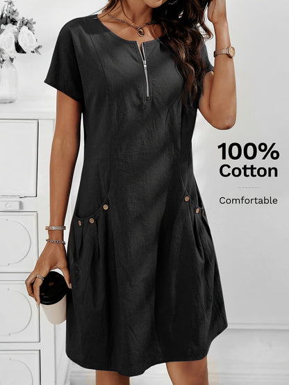 Women's Casual Midi Dress with Zipper and Pockets