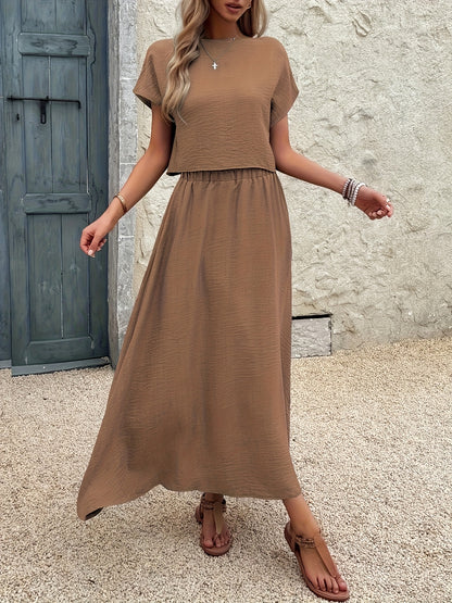 2-Piece Women's Solid Color Short Sleeve Top and Casual A-Line Skirt Set