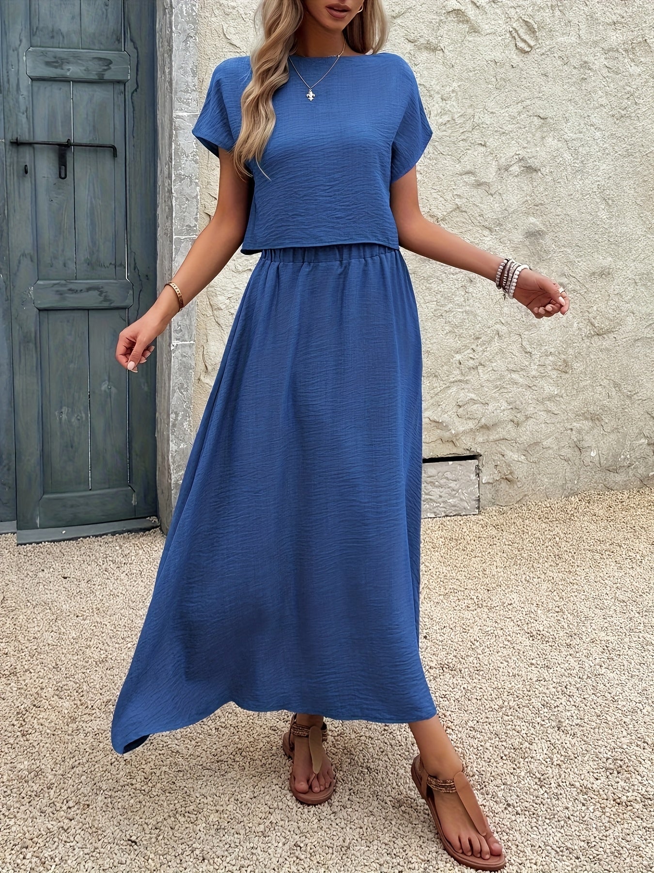 2pcs Women'S Solid Color Short Sleeve Top and Casual A-Line Skirt Set, Crew Neck, Polyester, Spring/Summer Collection
