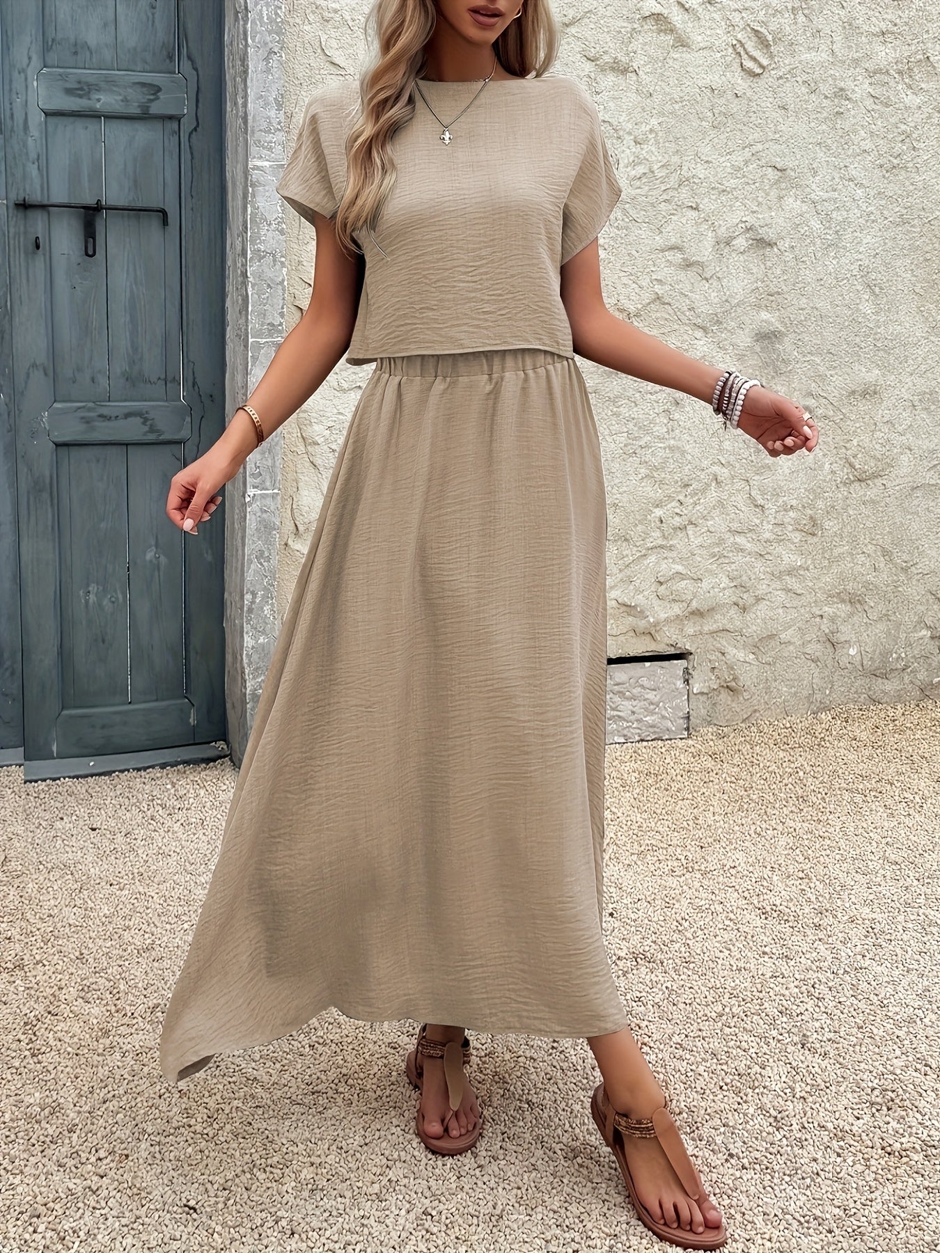 2pcs Women'S Solid Color Short Sleeve Top and Casual A-Line Skirt Set, Crew Neck, Polyester, Spring/Summer Collection